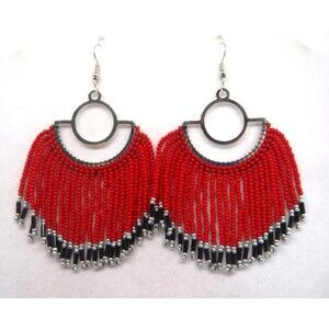 Earrings Beaded Red, Black & Silver
